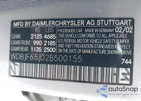 2002 Mercedes-Benz E 320 Special Edition z USA, uszkodzony, nr VIN WDBJF65J02B500155